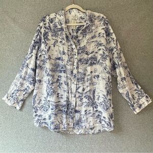 Joie Blue White Linen Long Sleeve Blouse 2X